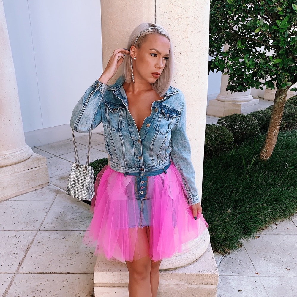 Pink tulle denim skirt